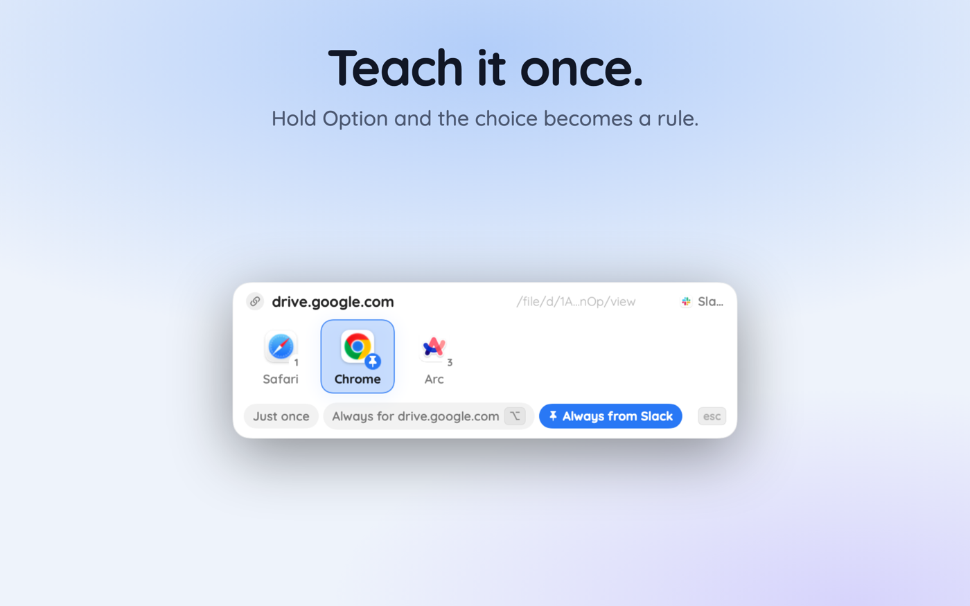 The Hoplink picker with the Always from Slack button highlighted, about to turn one choice into a rule