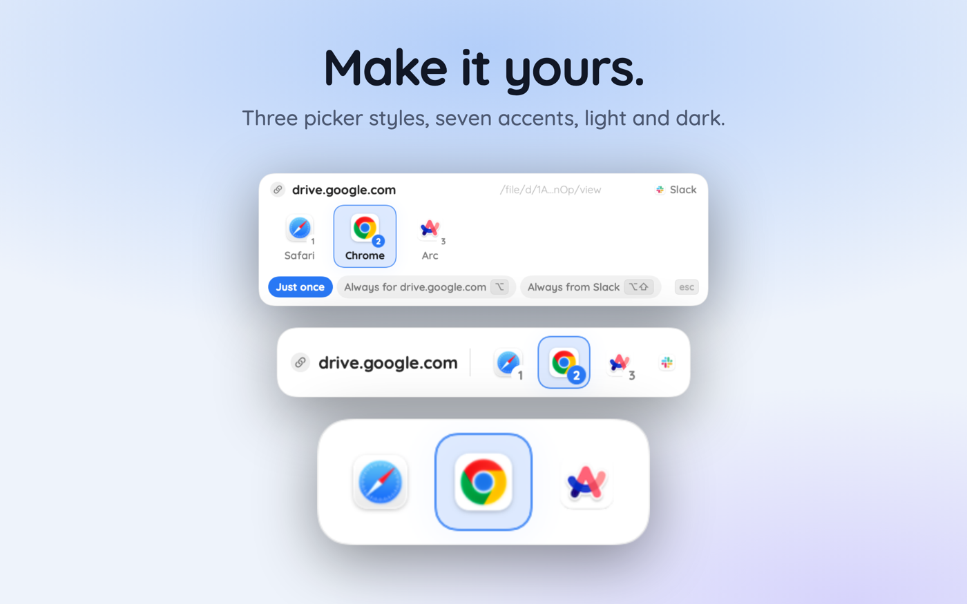 The three Hoplink picker styles stacked: the full card, the compact strip, and icons only